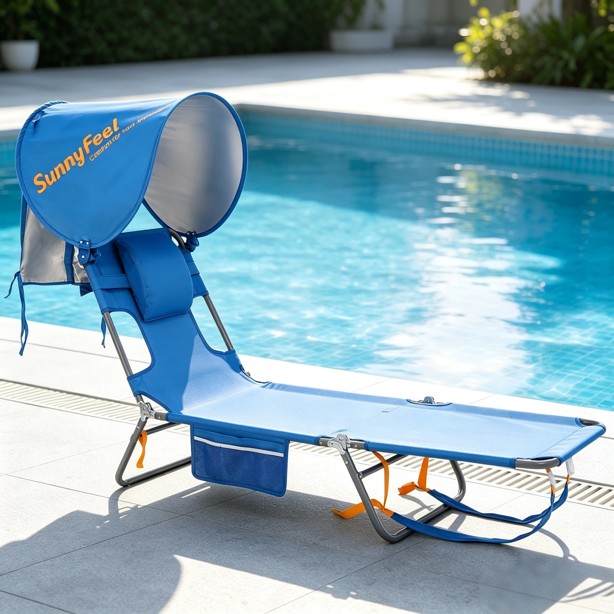 Sunnyfeel Face Down Tanning Beach Chair with Canopy, 5-Position Lay Flat Lounger, Blue