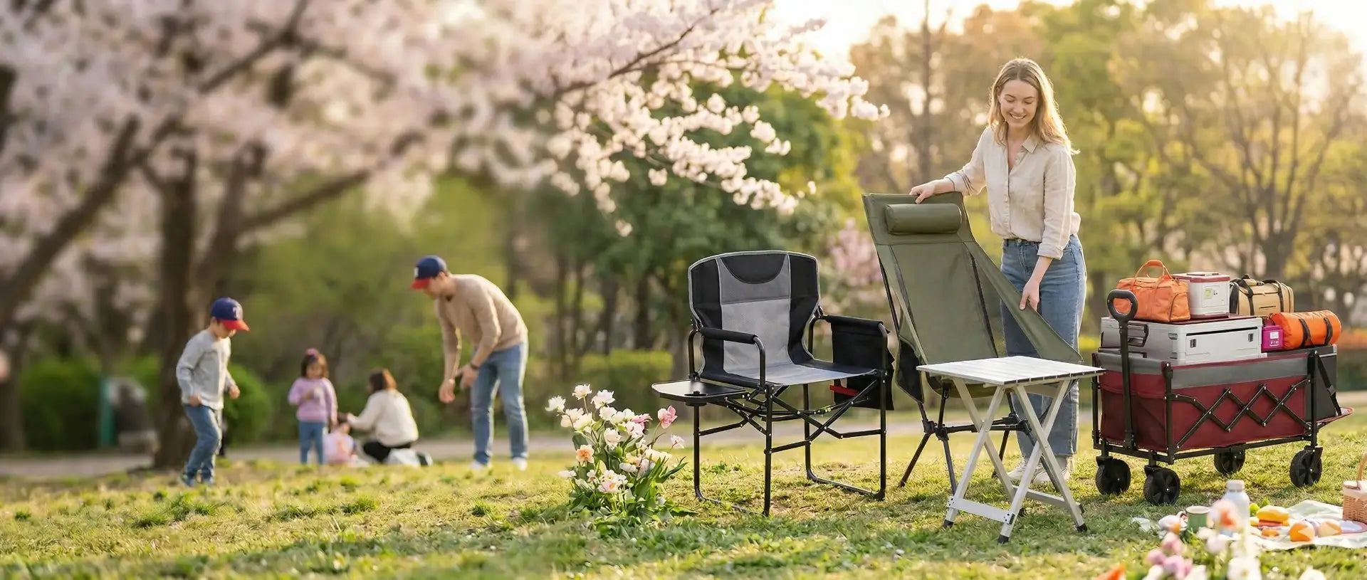 Family enjoying a picnic in a park with outdoor furniture and cooler.