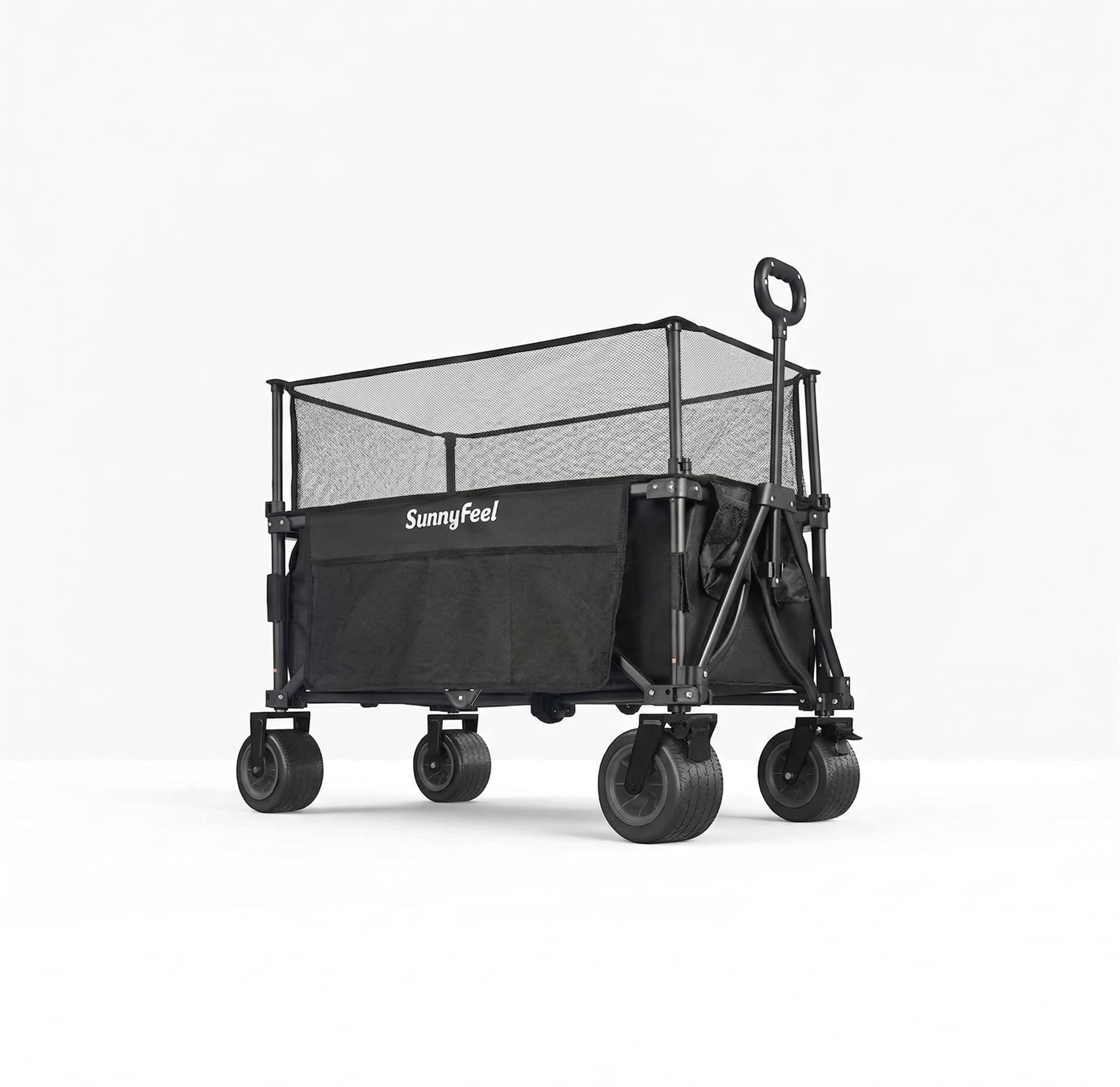 Black folding wagon with mesh top and SunnyFeel branding on a white background