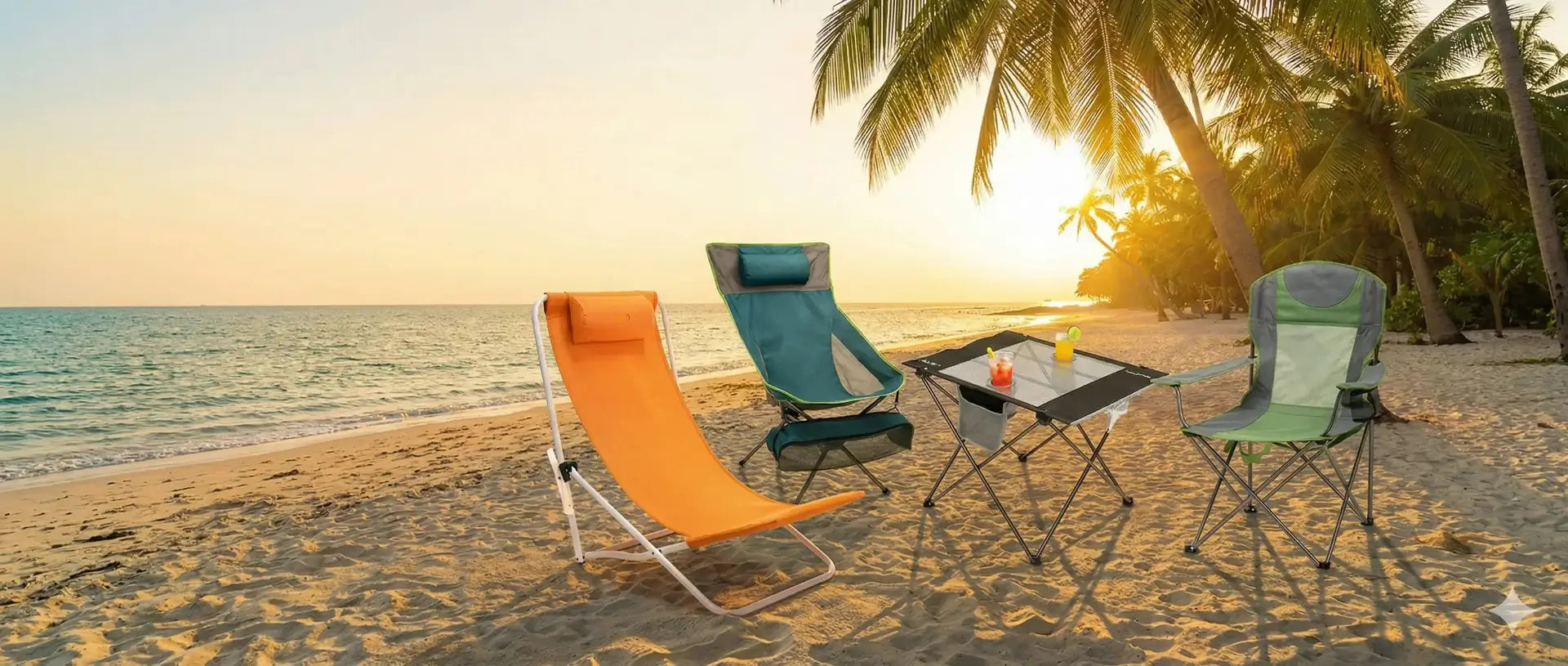 Colorful beach chairs and a table on a sandy beach with palm trees and sunset.