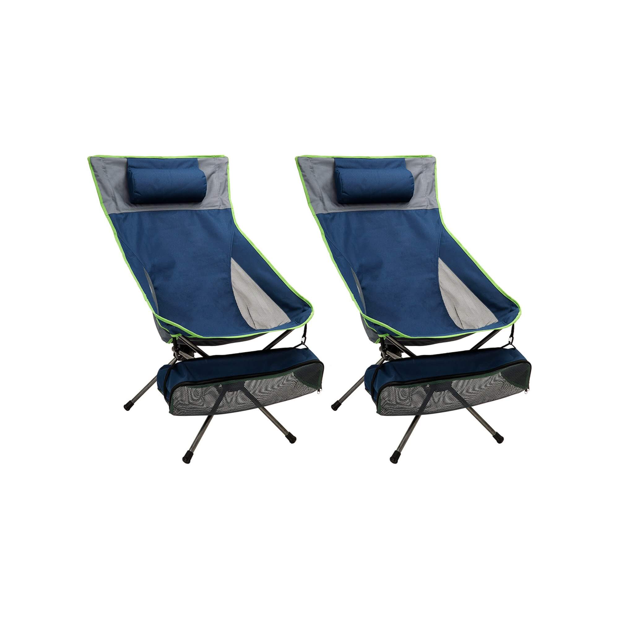 Two blue camping chairs with footrests on a white background