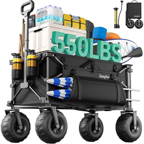 Sunnyfeel Beach Wagon with Big Wheels for Sand - 300L Large Capacity, Black