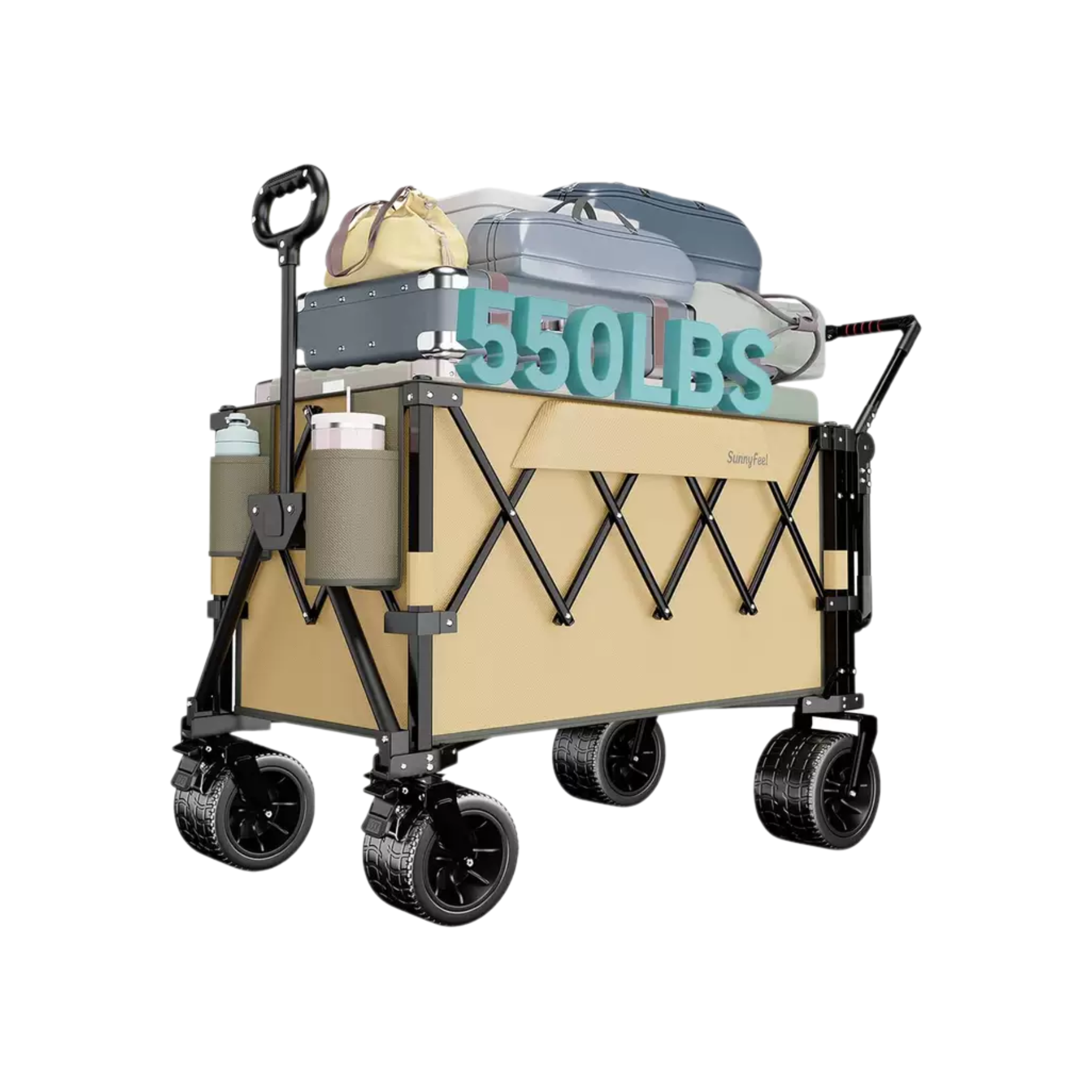 Beige folding cart with black wheels loaded with luggage and a sign indicating it can carry 550 pounds on a white background.