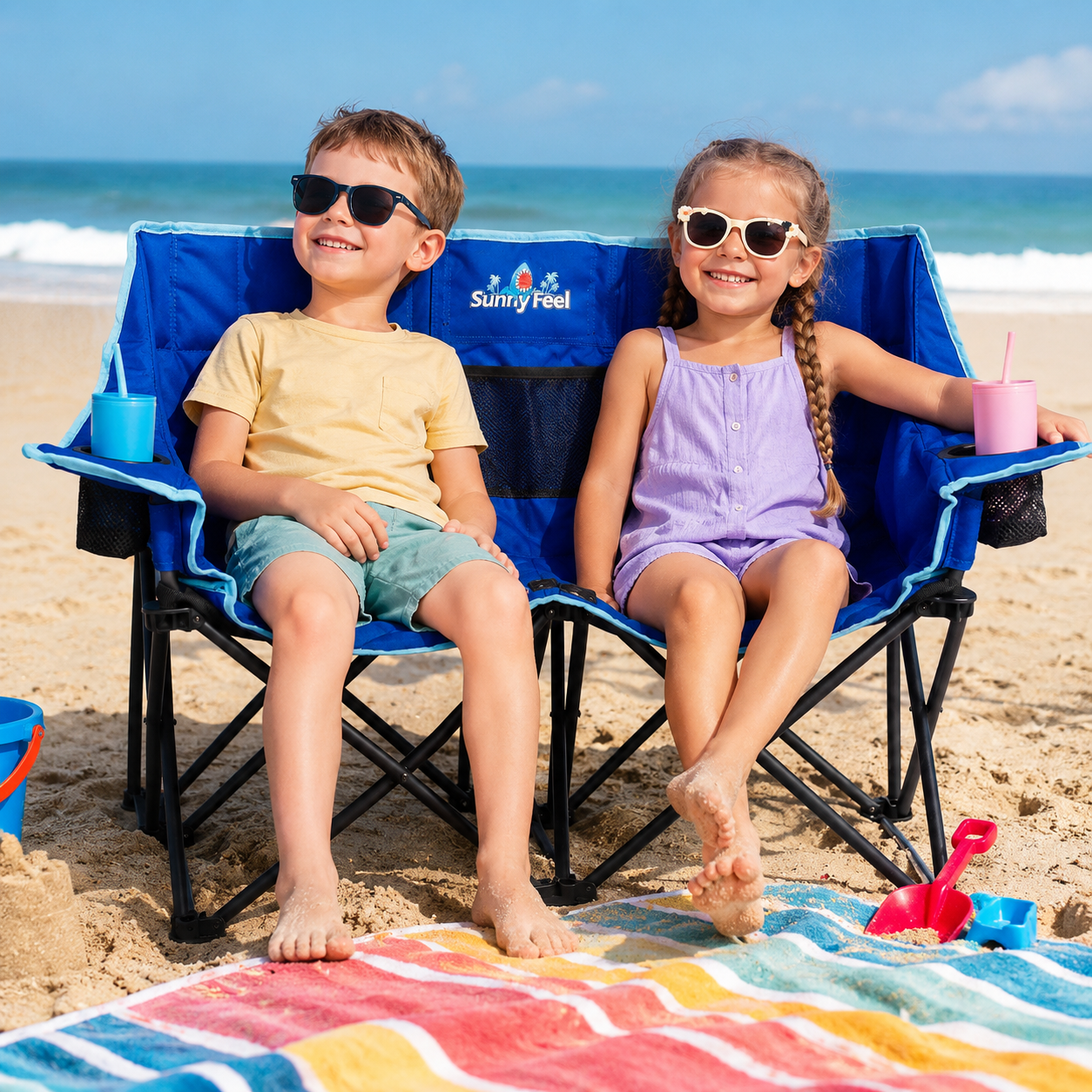 Blue SunnyFeel 2-seat folding camping chair with safety lock on a beach, seating two children