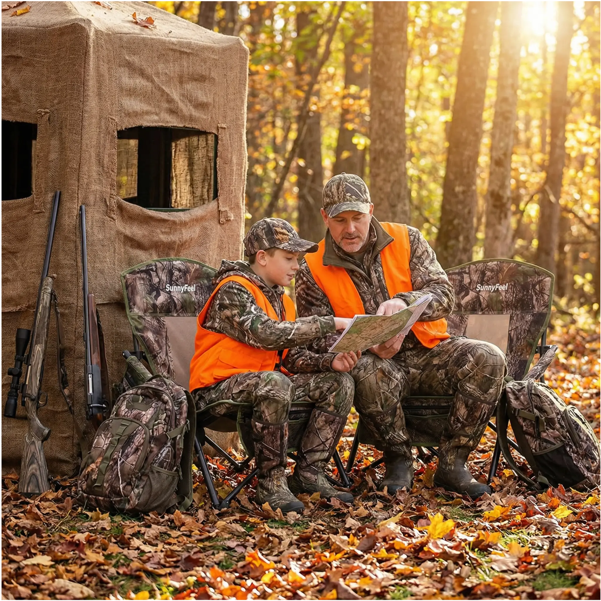 Two hunters in camouflage and orange vests sitting in front of a hunting blind in the woods.