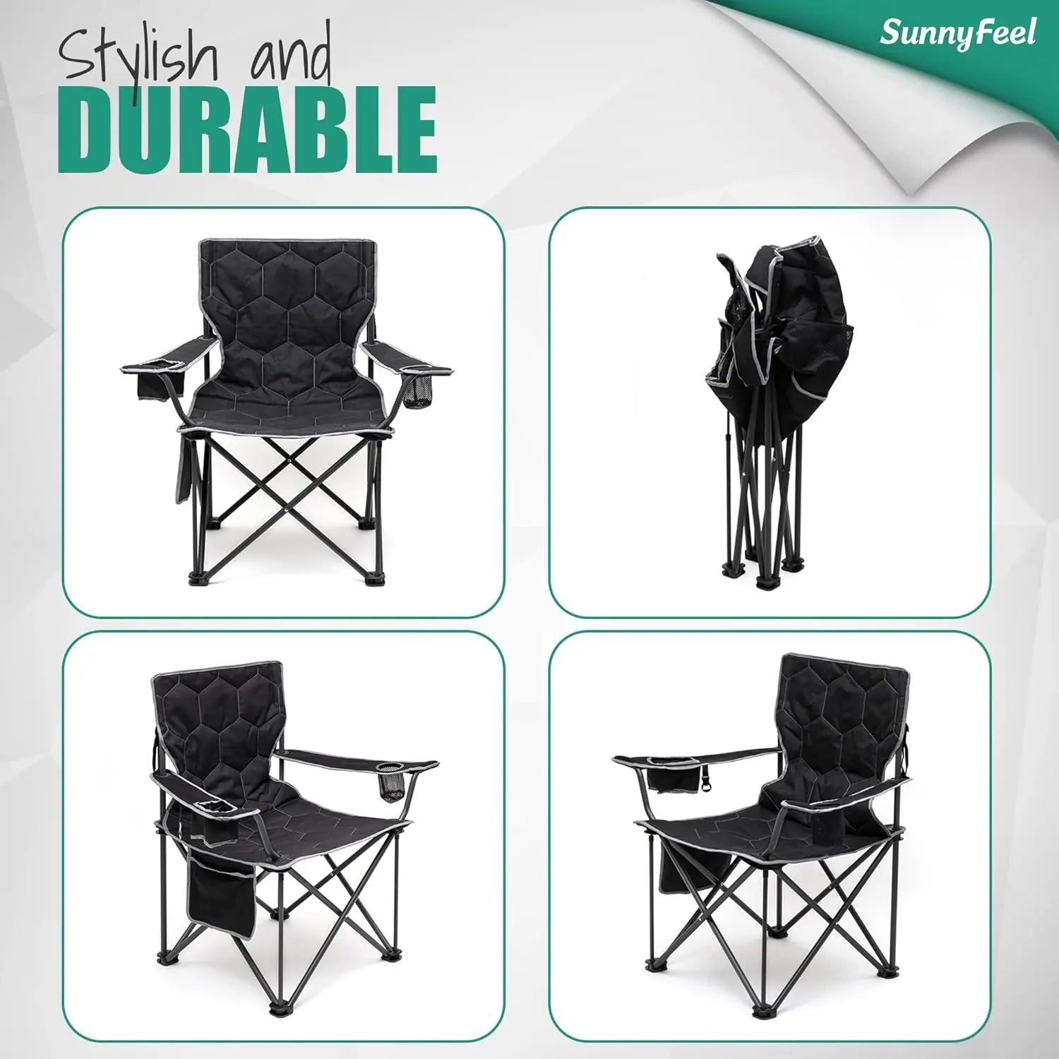 SUNNYFEEL Oversized Padded Camping Chair – 500LB Heavy-Duty Portable Chair with Cup Holder & Storage