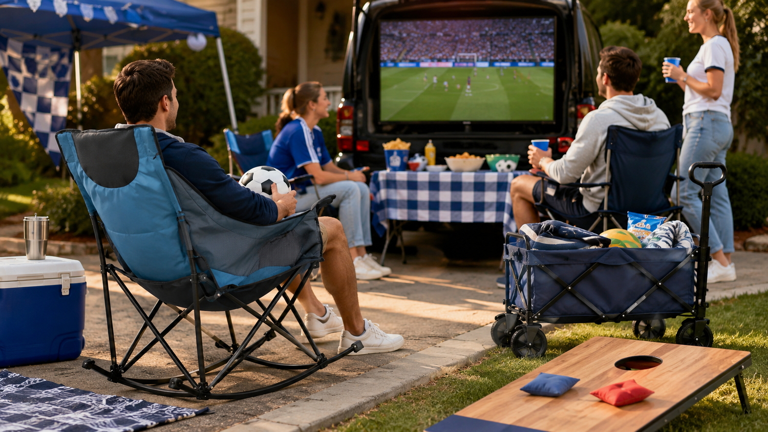 Group of friends watching soccer game on TV set up in SUV trunk at daytime backyard tailgate party, with folding rocking camping chair, snacks, cooler and cornhole game