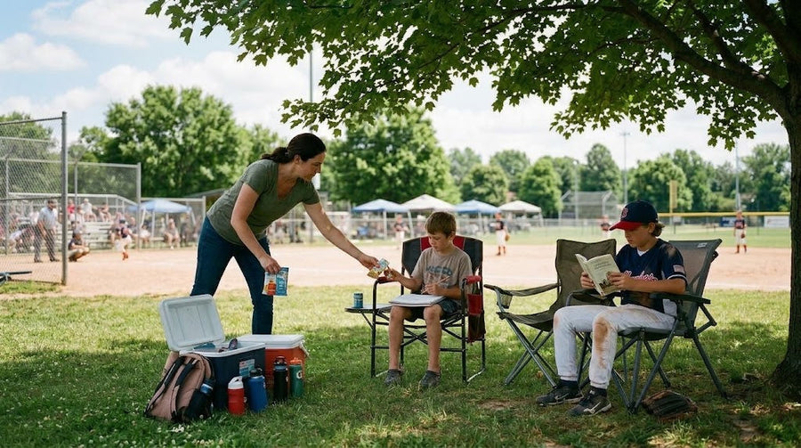 Woman hands a snack to a boy seated beside a baseball field while another boy reads nearby.