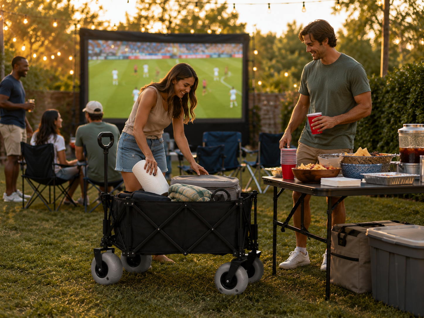 Backyard outdoor soccer watch party at sunset, woman arranging supplies from black heavy-duty foldable camping wagon, friends gathering with snacks and drinks to watch football match on large outdoor projection screen