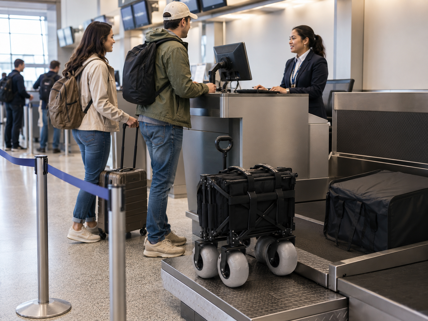 Couple checking in at airport airline counter, compact folded black heavy-duty foldable camping wagon placed on baggage scale together with hardshell suitcase for flight luggage inspection