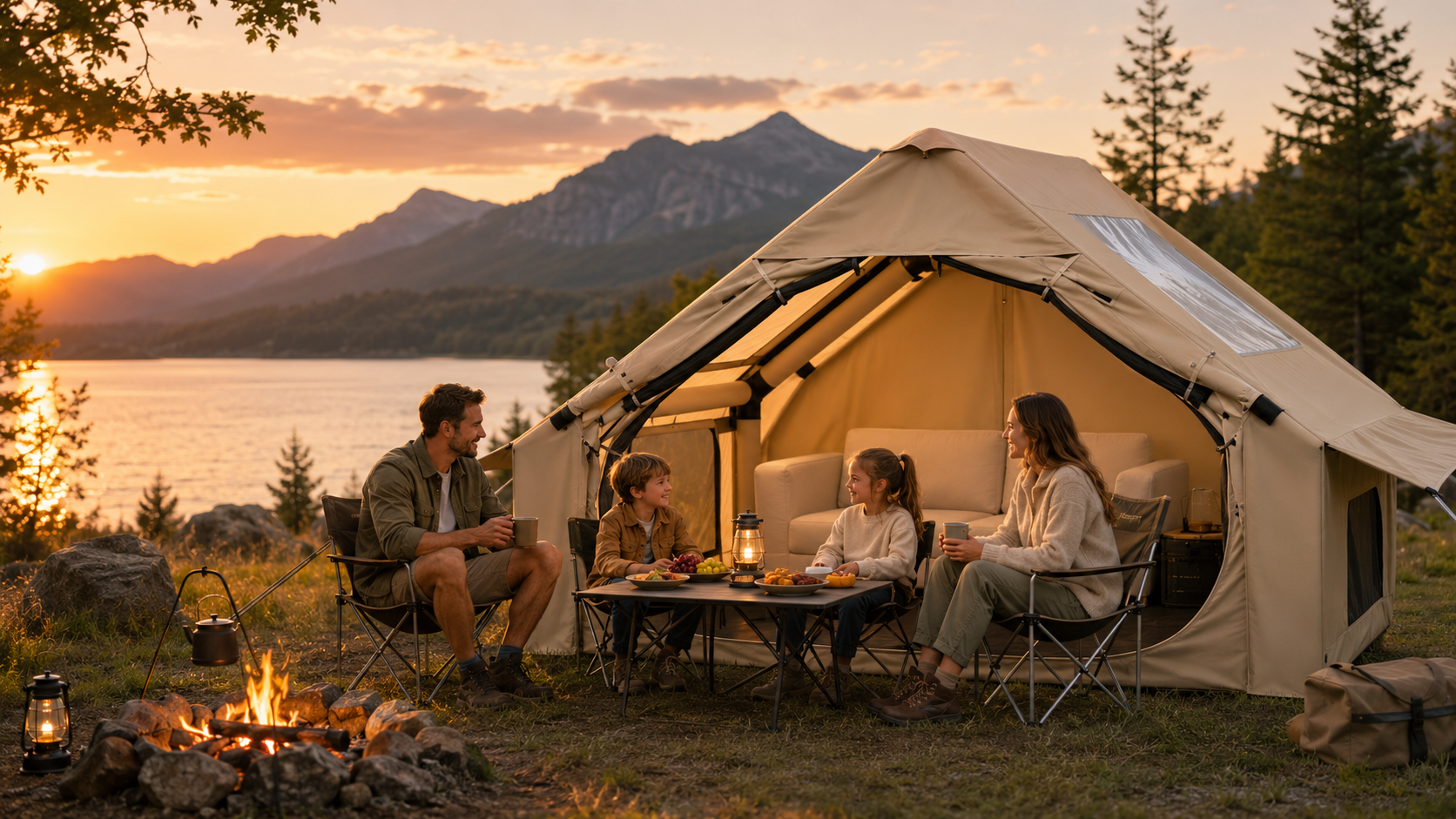Family relaxing beside a beige inflatable air tent at a lakeside campsite during sunset