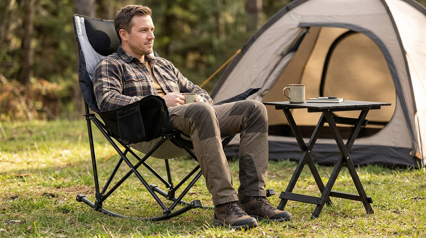An adult sitting comfortably in a camping chair with feet flat on the ground