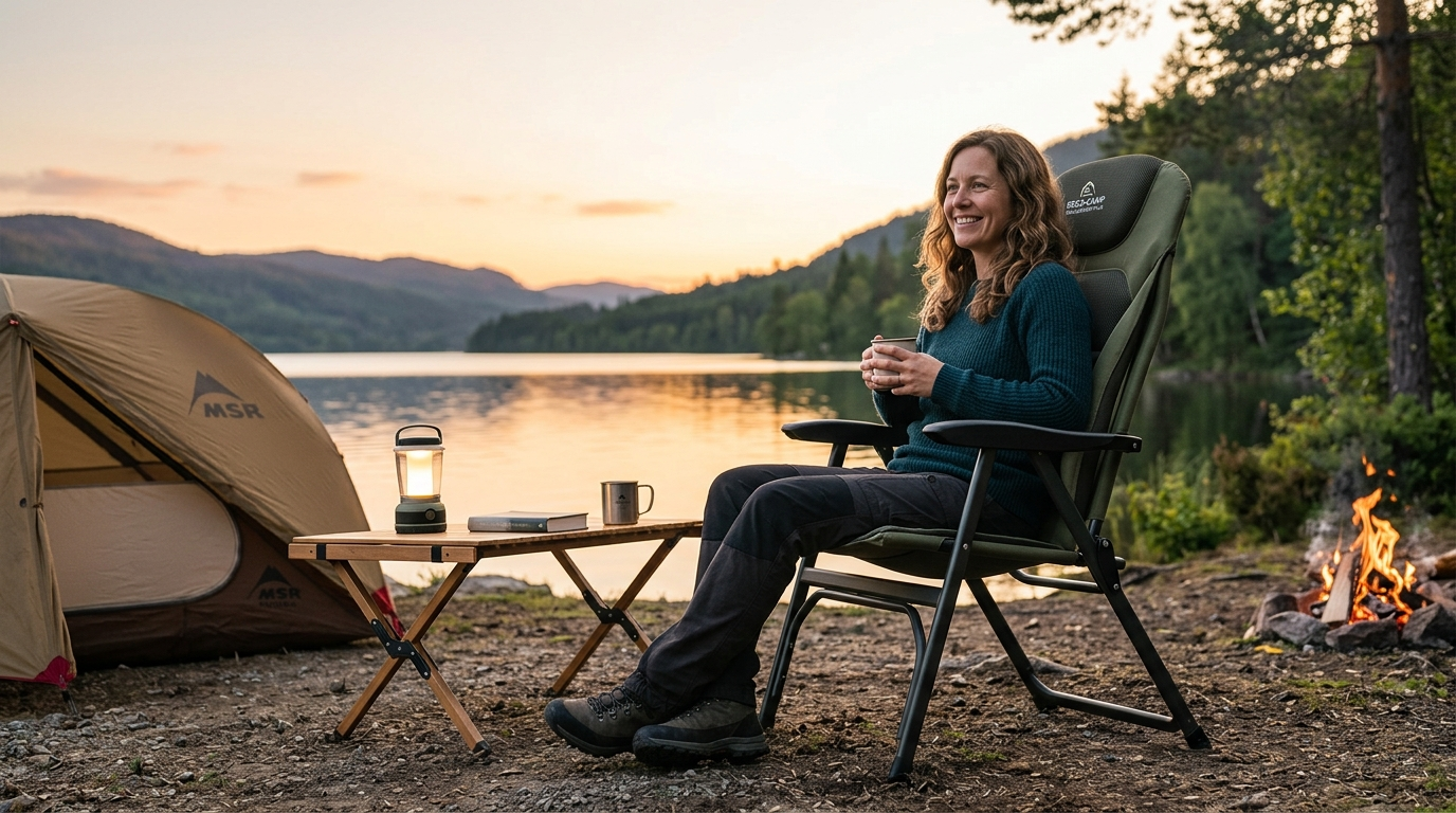 Woman smiling in a green camping chair by a campfire, holding a mug at a lakeside campsite