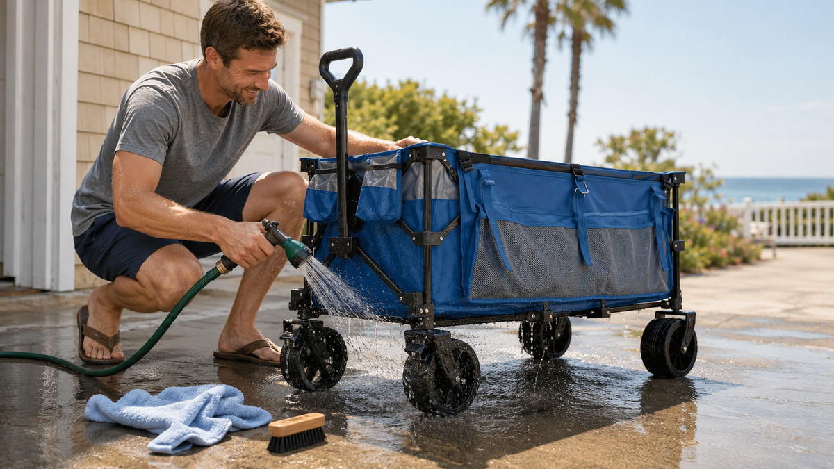 Smiling man hosing down fabric and wheels of blue outdoor folding wagon on sunlit coastal patio, ocean and palm trees visible in distance