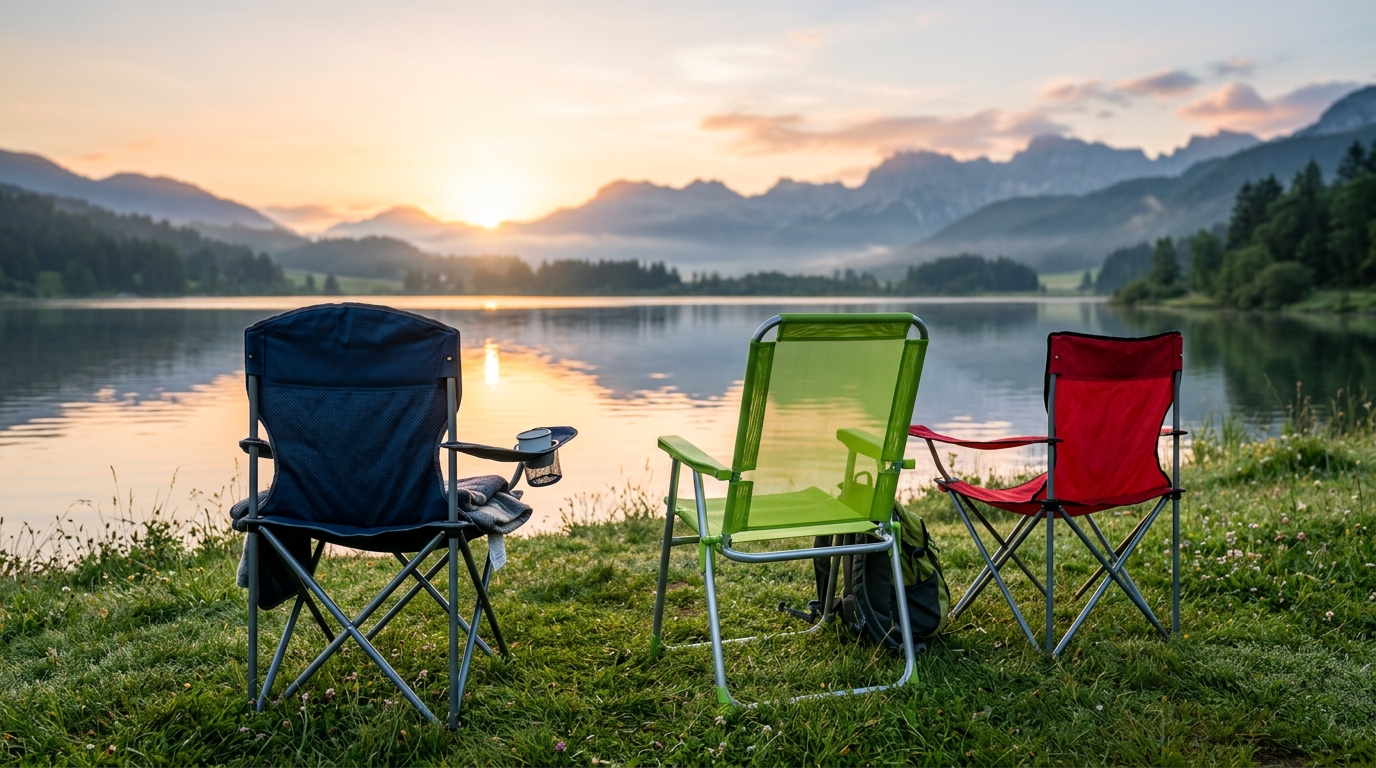 Three portable outdoor chairs (blue, green, and red) placed by a calm lake at sunset with mountains in the background