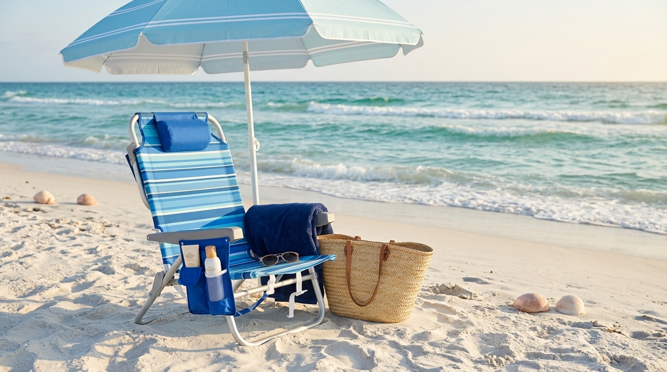 A blue striped beach chair set up on a white sand beach under a matching umbrella, accompanied by a beach bag, towel, and sunblock