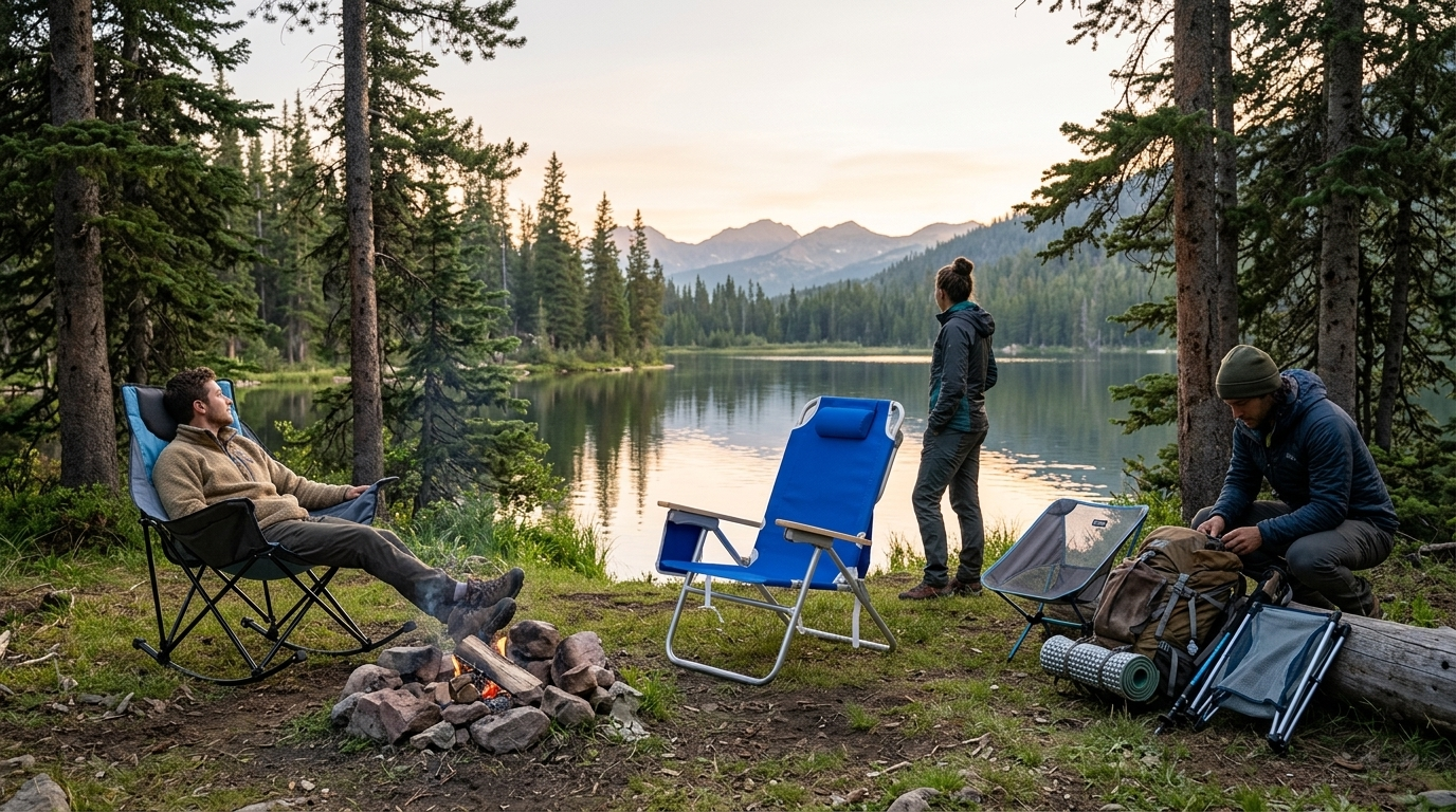 A group of friends relaxing at a lakeside campsite at dusk, with one man in a rocking camp chair by a fire and another person organizing gear next to a blue folding chair
