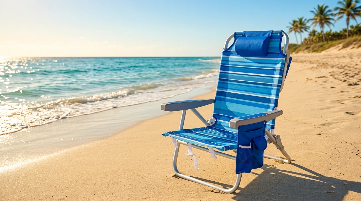 A single blue-and-white striped beach chair with a headrest and side pocket stands on golden sand at the edge of the ocean