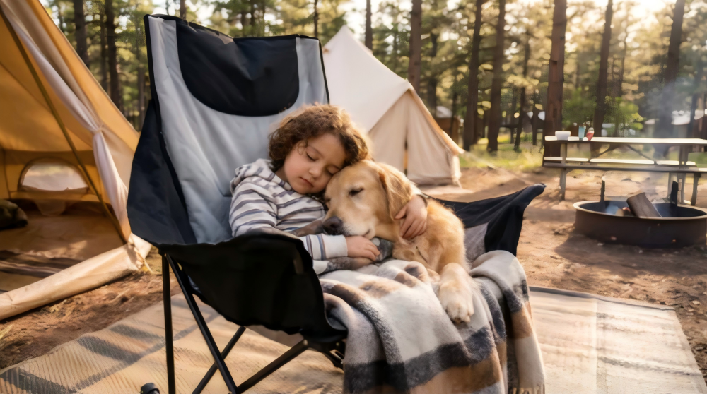 A young child and a golden retriever sleeping together in a high-back padded camping chair at a forest campsite