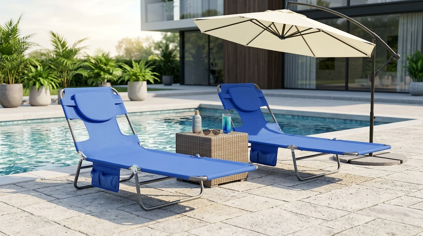 Two blue folding sun loungers with built-in side pockets sit by a contemporary poolside patio, accompanied by a woven side table and a cantilever umbrella. The background features a modern house and lush tropical greenery