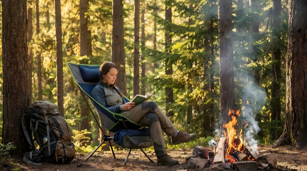 A woman sitting in a high-back camping chair reading a book next to a crackling campfire in a sun-drenched forest