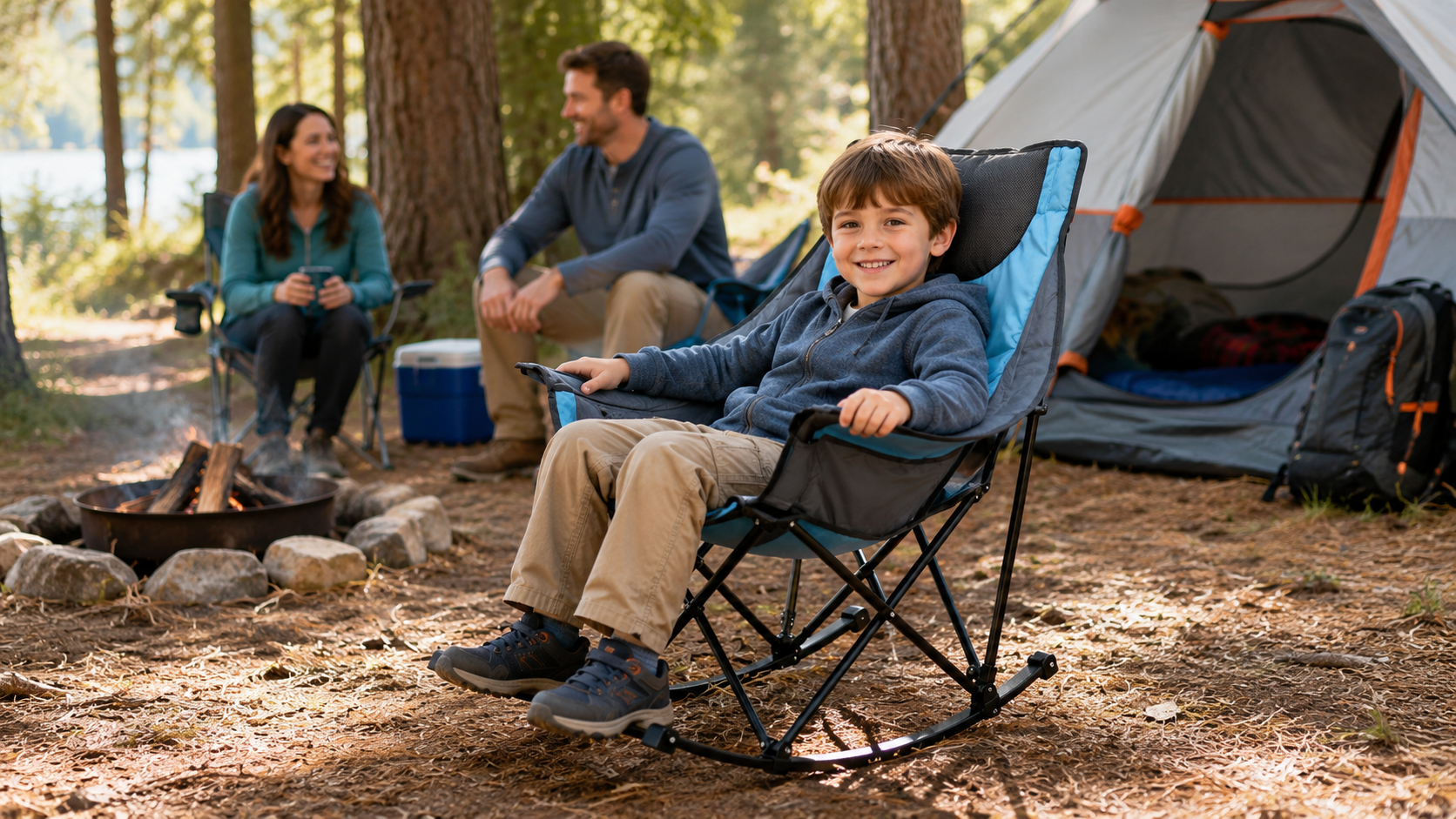 Child sitting in a blue and gray kids camping chair at a family campsite with a tent, parents, and campfire in the background