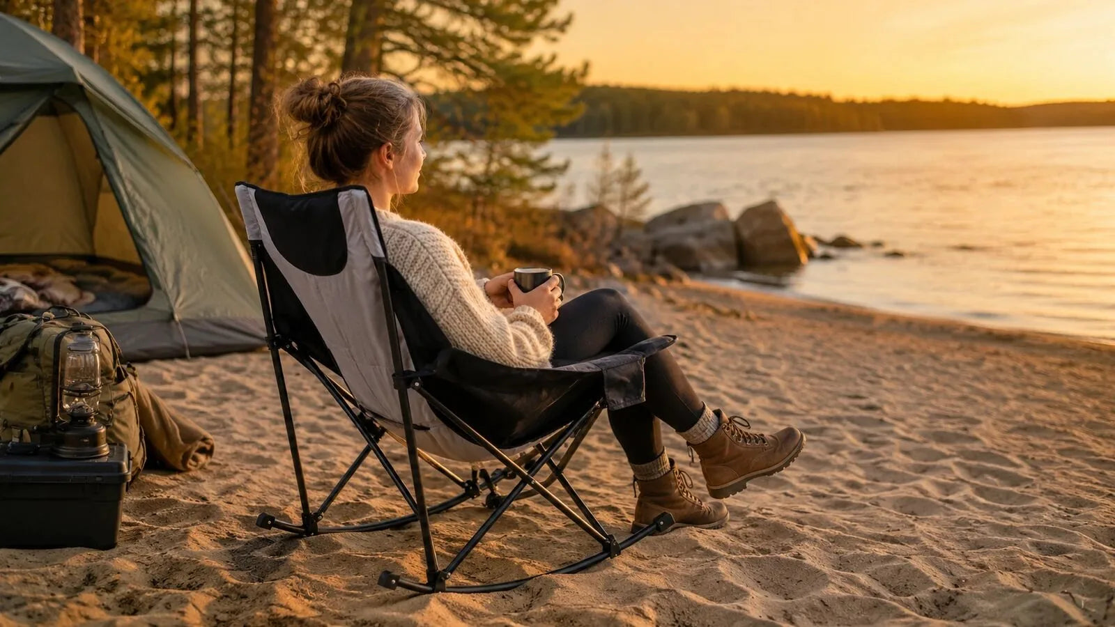 Camping chair legs sinking into soft sand at a beach campsite