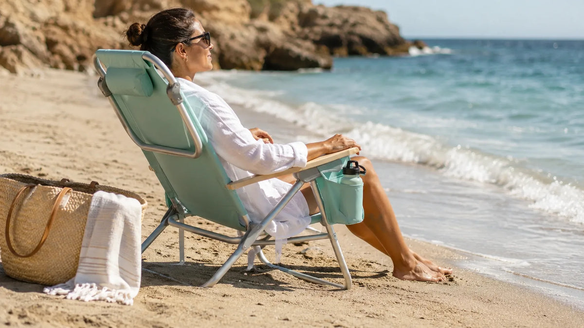 Backpack beach chair on a sandy beach