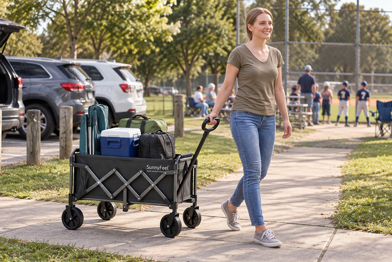 Parent pulling a loaded folding wagon with chairs and bags toward a youth baseball field