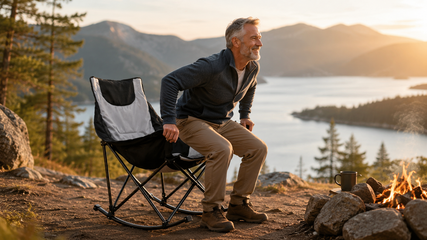 Middle-aged man standing up from foldable rocking camping chair on mountain overlook at sunset, lake view and small campfire beside him, wilderness hiking camping