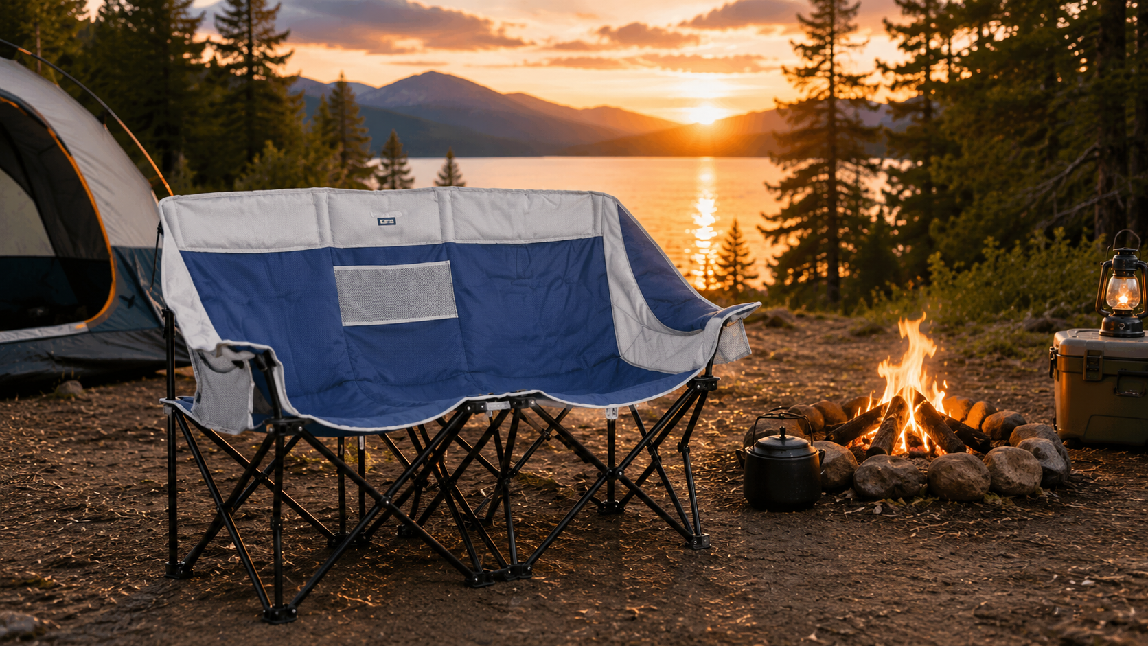 Blue and gray double camping chair beside a lakeside campfire at sunset with a tent and mountain view