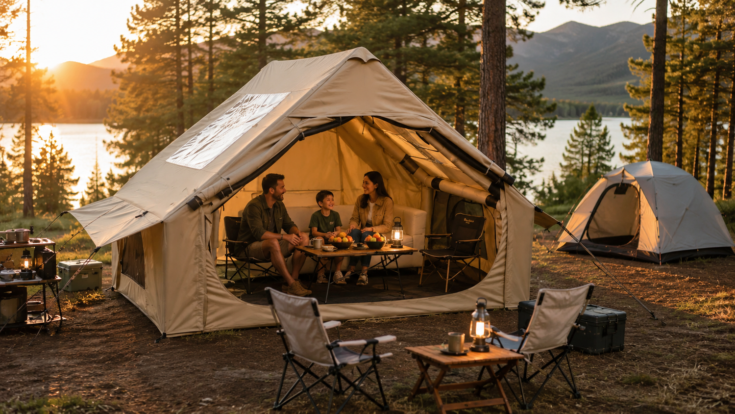Family relaxing inside a beige inflatable tent at a lakeside campsite with a smaller traditional tent in the backgroun