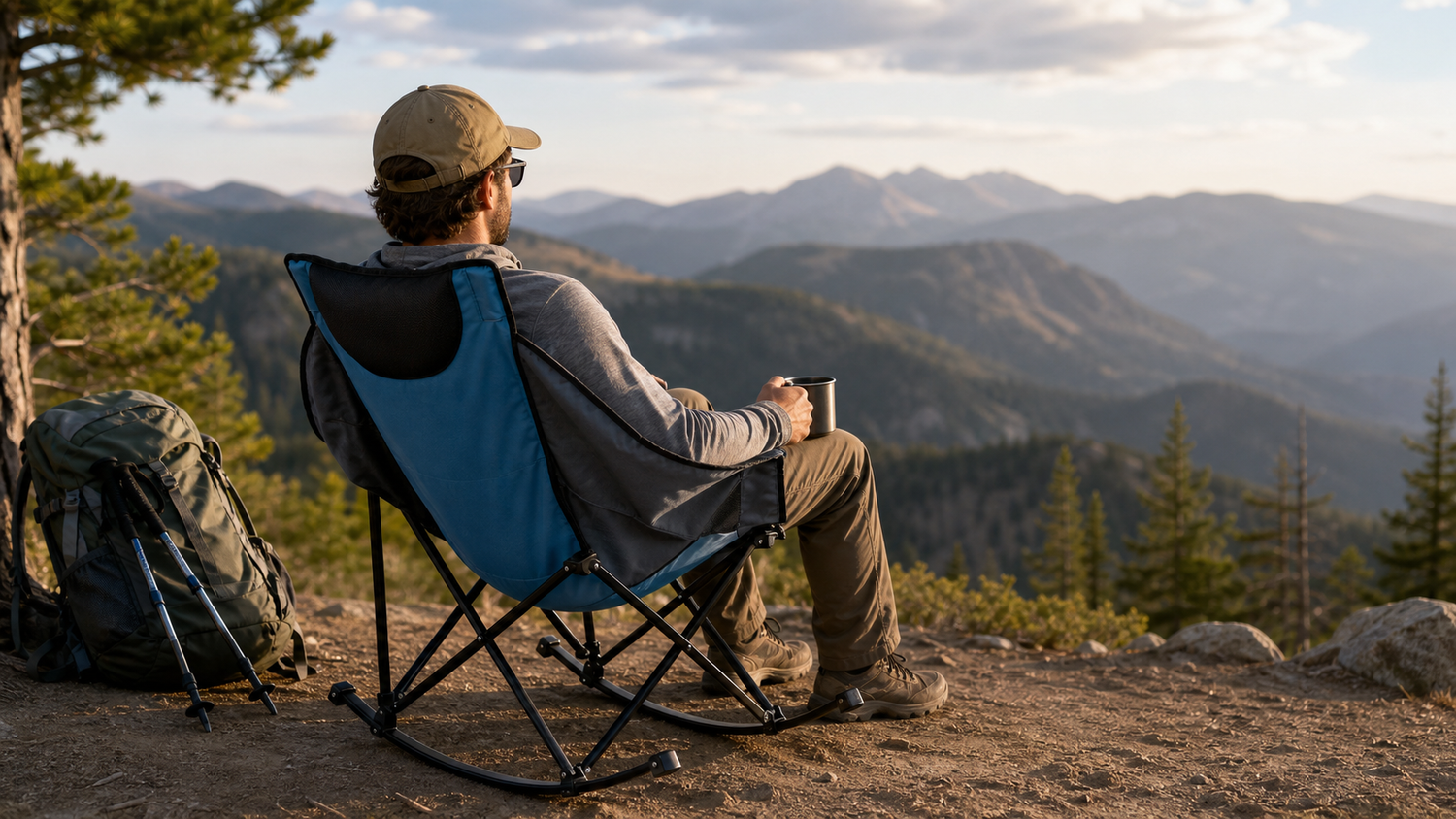 Hiker relaxing in a blue lightweight rocking camp chair at a mountain overlook after a long trail day