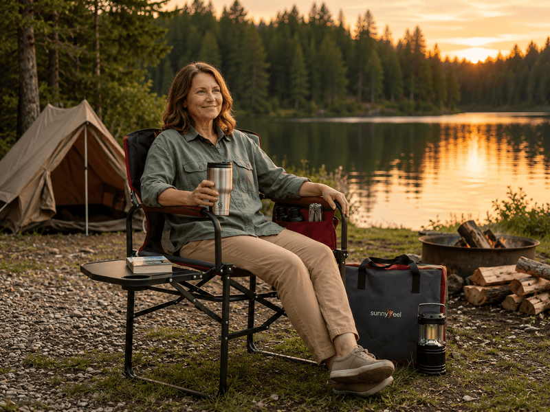 Woman relaxing in a camping chair by a lakeside forest at sunset, with a tent and camping lantern nearby