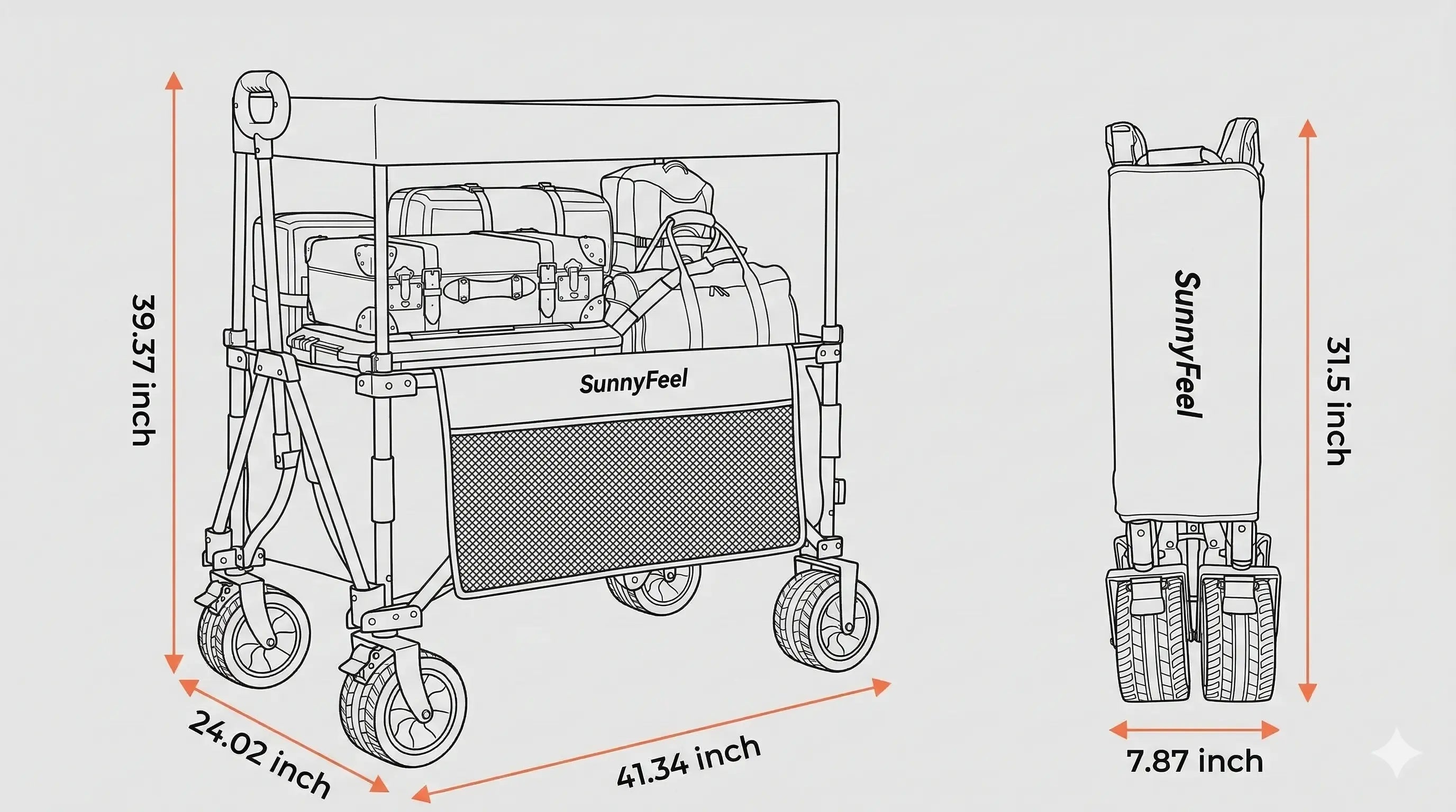 Measurement chart of a SunnyFeel product with dimensions labeled.