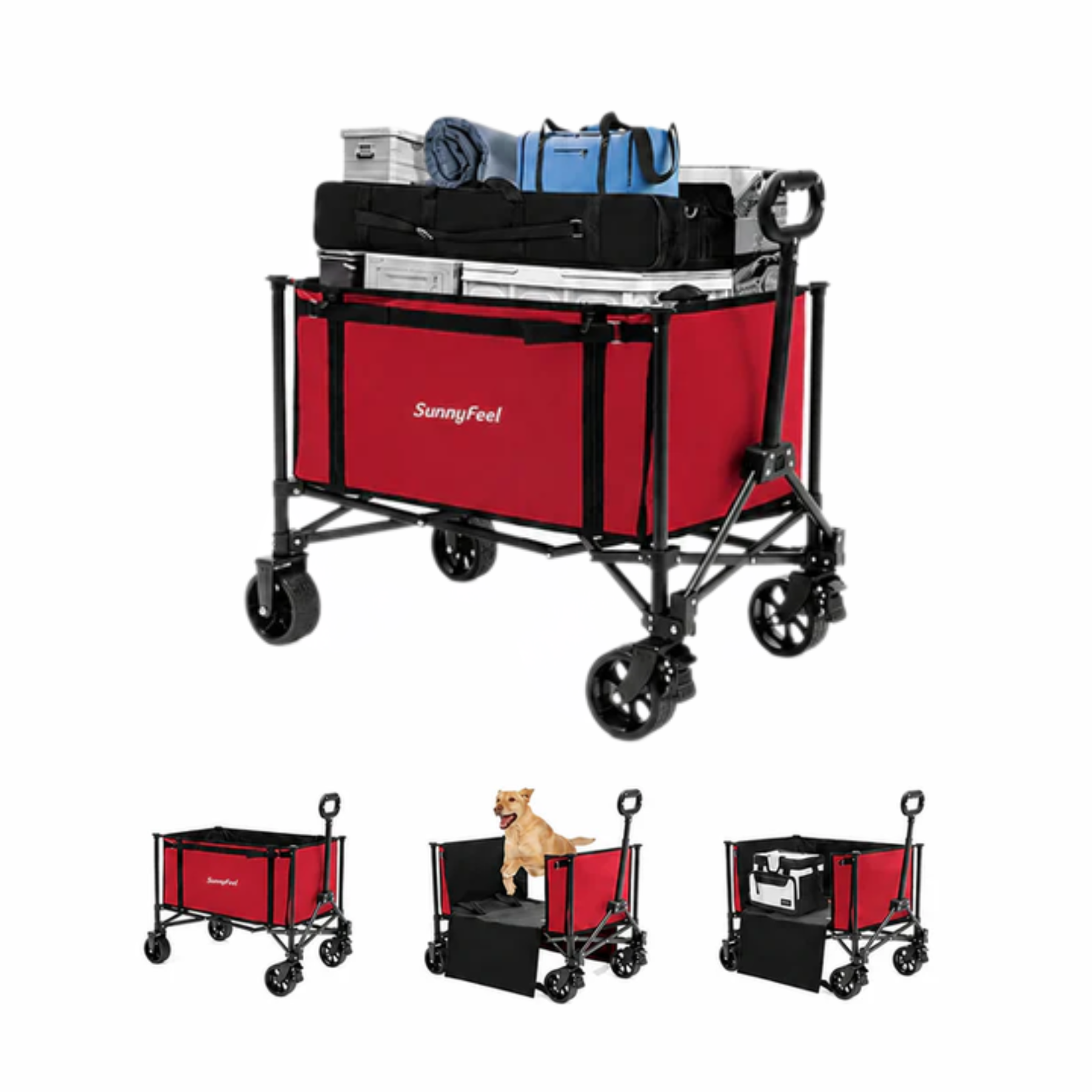 Red Sunnyfeel folding wagon with various items on a white background