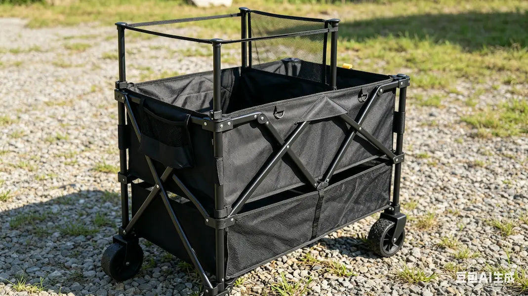 Black collapsible outdoor wagon with canopy frame, mesh sides, and all-terrain wheels on gravel surface