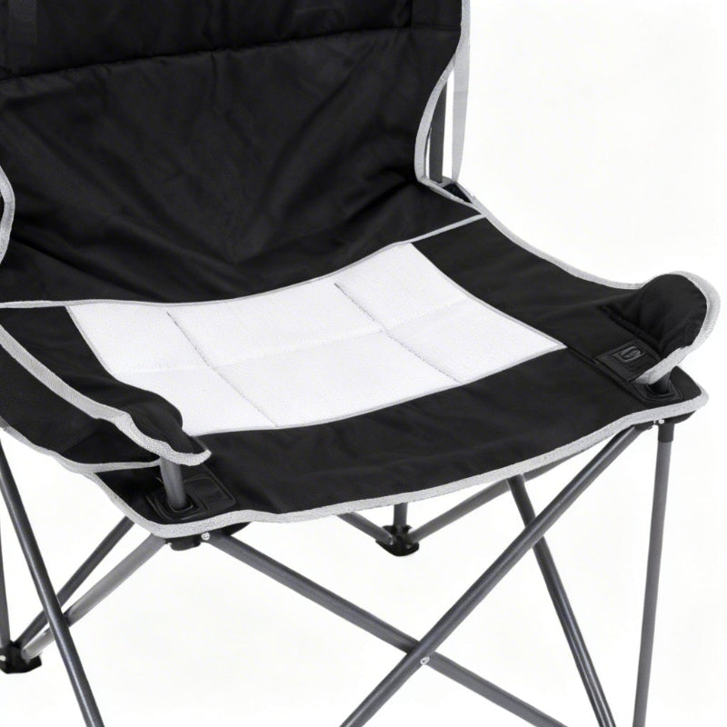 Black and white camping chair with a visible brand logo on a white background