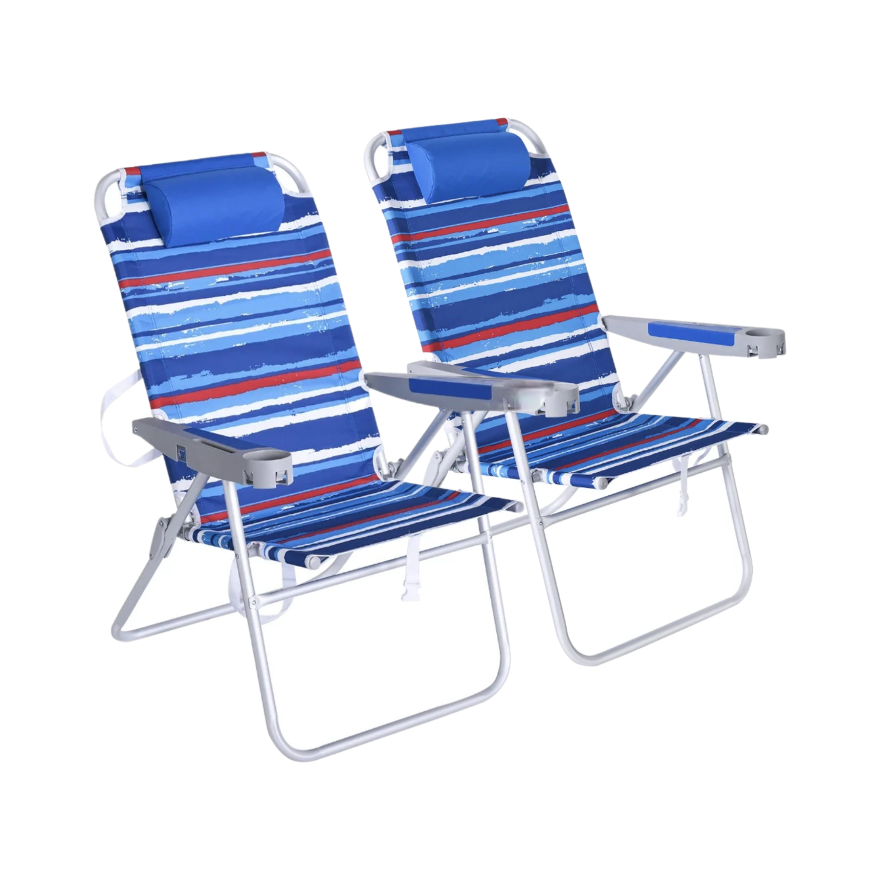 Two blue striped beach chairs with armrests on a white background