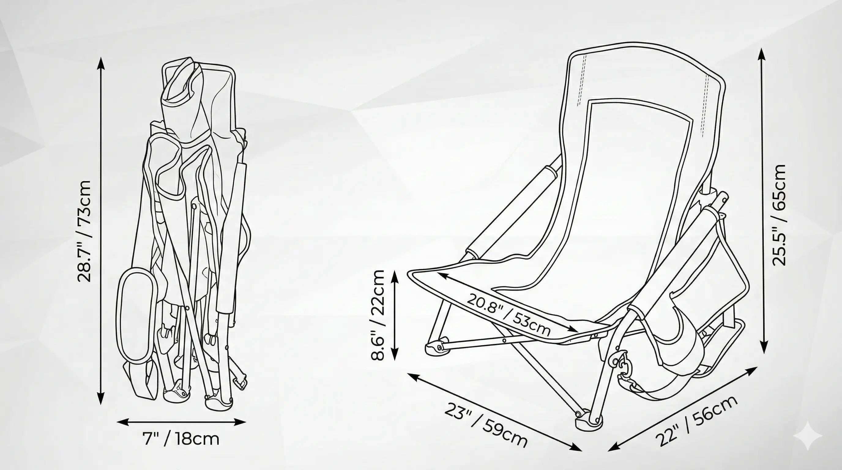 Measurement chart of a folded chair with dimensions labeled