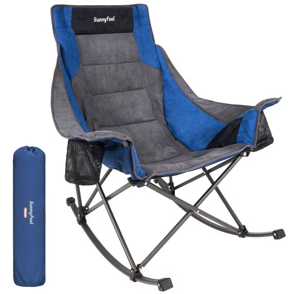 Sunnyfeel Oversized Folding Rocking Camping Chairs, High Back Fully Padded Outdoor Rocker Recliners, Portable Lawn Patio Rocking Chairs with Side Pocket, Supports Up to 500 LBS