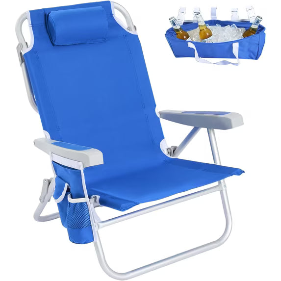 Sunnyfeel Low Beach Chair 5 Position Lay Flat, Portable Lightweight Folding Backpack Chair with Cooler Bag, Blue