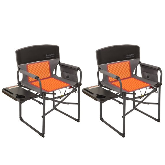 Sunnyfeel 2 Pack Heated Folding Director Camping Chair, Side Table with Cup Holder & Phone Slot, 300 LBS Weight Capacity, Portable Outdoor Chair for Camping Fishing Patio