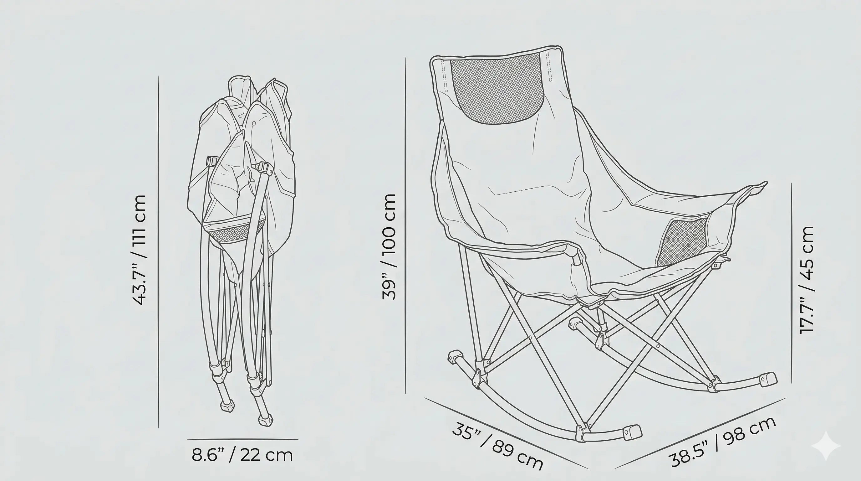 Illustrations of a backpack and a folding chair with dimensions on a light gray background
