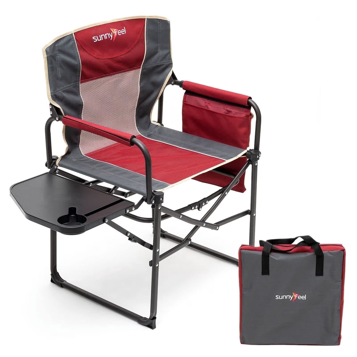 Sunnyfeel Folding Camping Chair with Side Table, Cup Holder, 300 lb Capacity, Mesh, Red