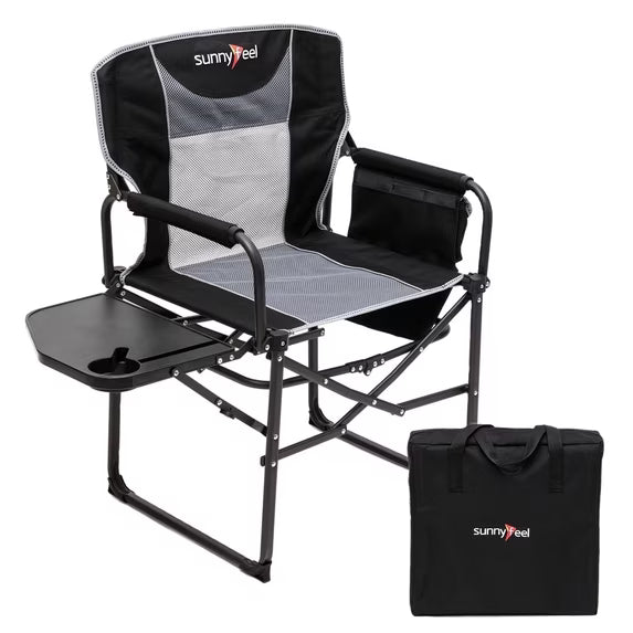 Sunnyfeel Folding Camping Chair with Side Table, Cup Holder, 300 lb Capacity, Mesh, Black