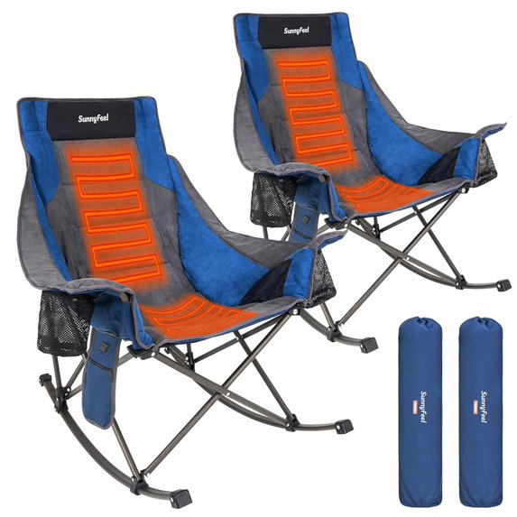 Sunnyfeel 2 Pack Oversized Heated Rocking Camping Chair, High Back Portable Lawn Recliner with Carry Bag, Outdoor Rocker Chair for Adults Heavy Duty 500 LBS