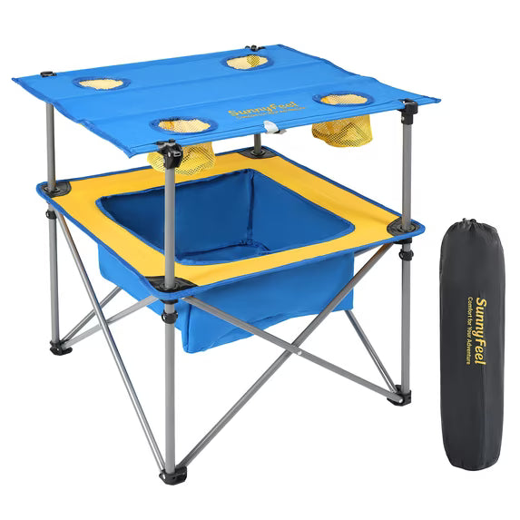 SUNNYFEEL Folding Camping Table with 4 Cup Holders, Blue and Yellow