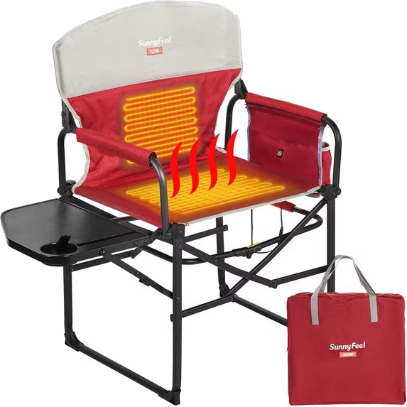 Sunnyfeel Heated Director's Chair, 3 Heat Levels, Side Table, 300 lb, Folding, 1 Pack Red