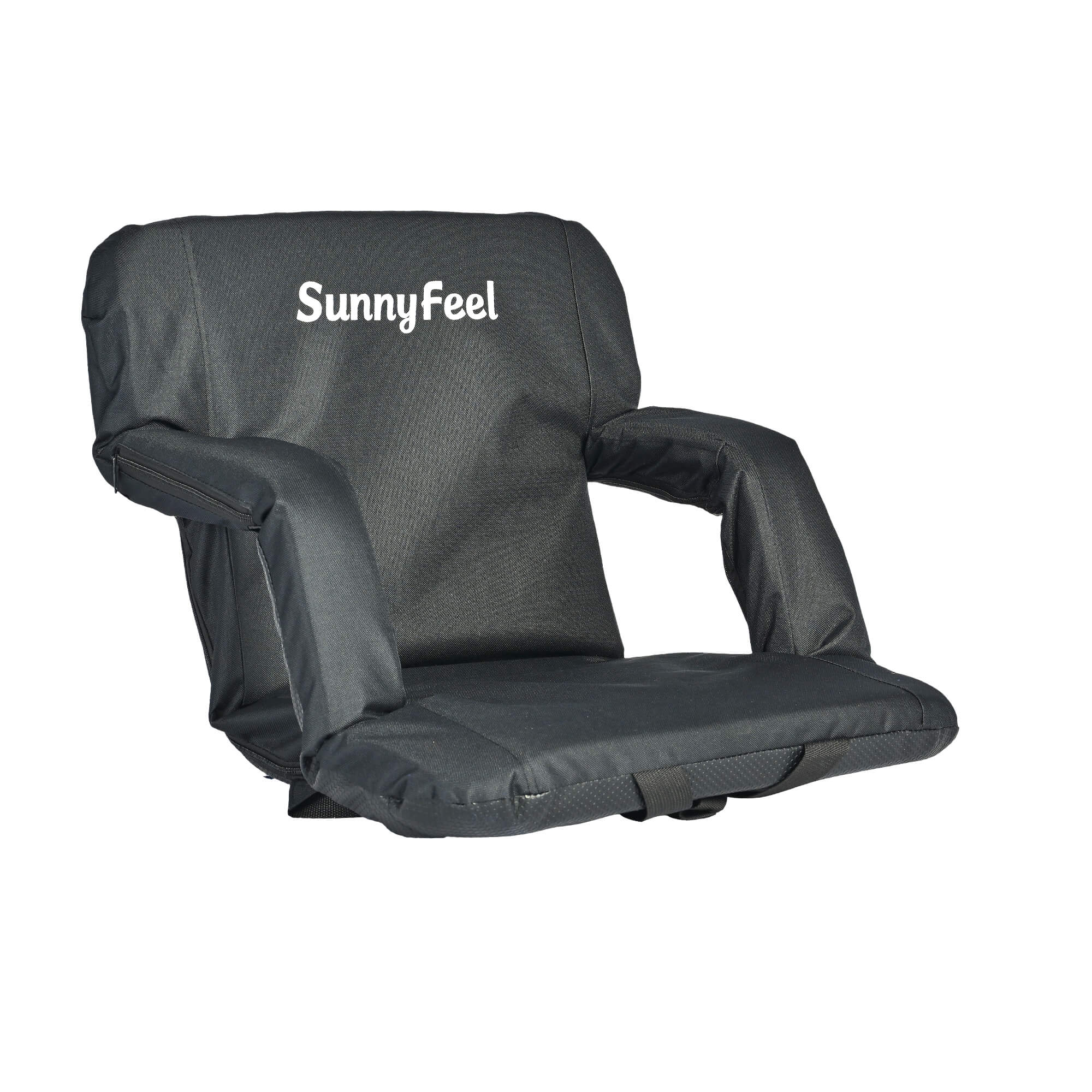 Black folding seat with 'SunnyFeel' branding on a white background